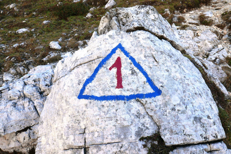 Segnavia del triangolo blu con il numero 1 dell'Alta Via 1 delle Dolomiti - Dolomist