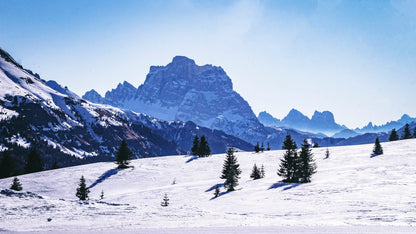 Paesaggio invernale sopra Corvara in Alta Badia con abeti innevati e cime dolomitiche